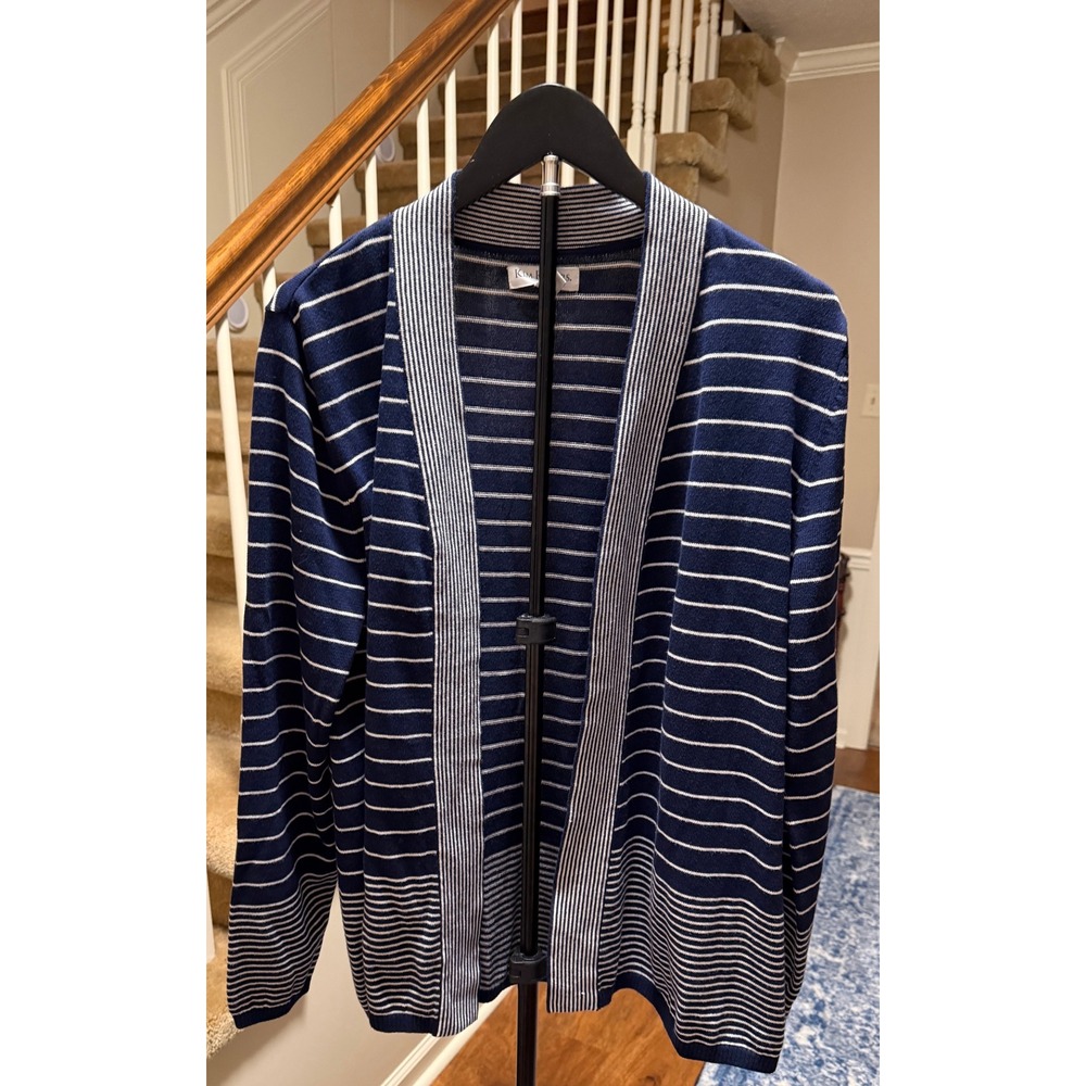 Kim Rogers Womens Petite XL Harbor Navy Striped Open Front Cardigan Sweater NWT